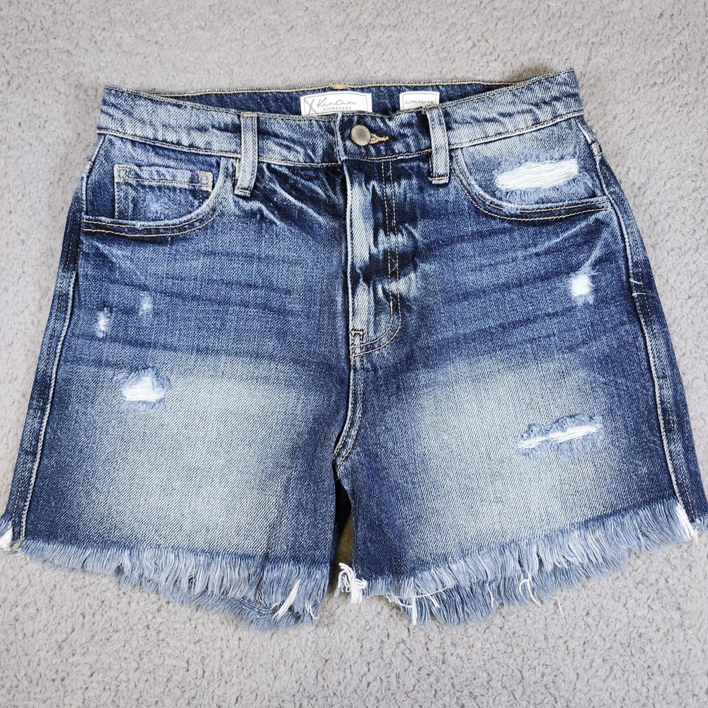 KanCan‎ Size Small Ultra High-Rise cut-Off jean Shorts Light-Wash Frayed Hem